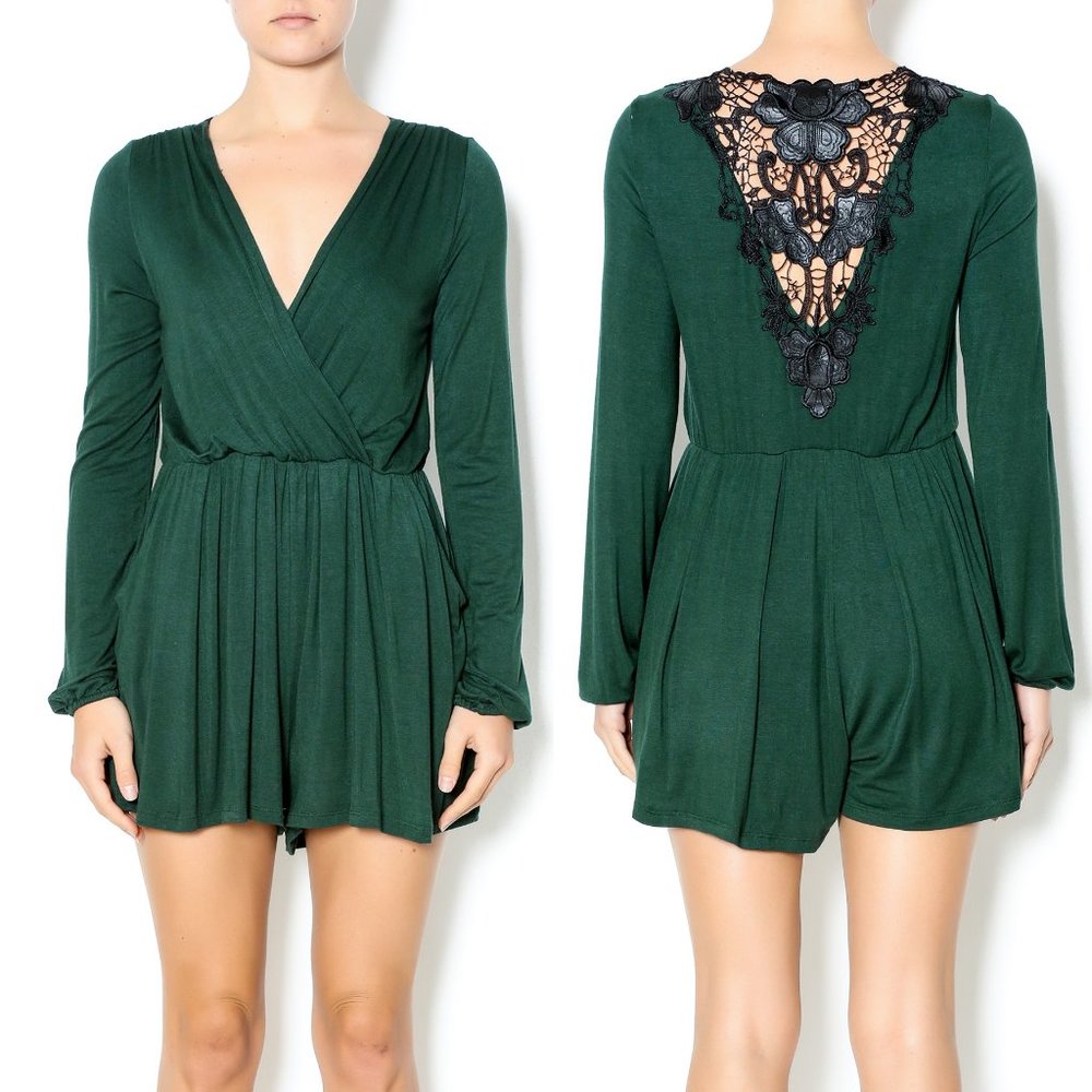 DOUBLE ZERO Hunter Green Lace Back Pocket Romper